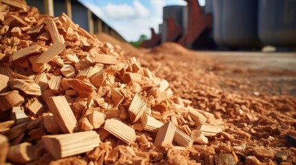 Close-up of organic material at a biomass facility, focusing on alternative fuels and their role in sustainable energy generation,