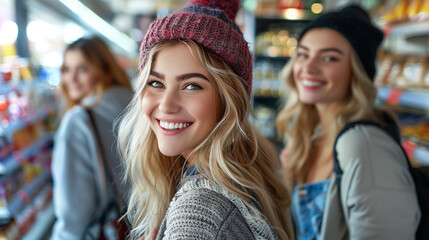 Naklejka premium Group of happy friends shopping in store.