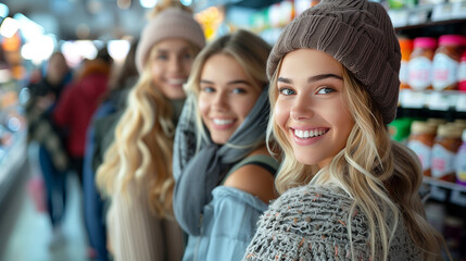 Group of happy friends shopping in store.