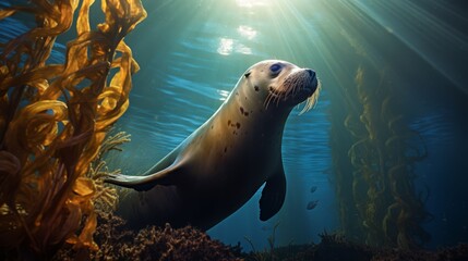 Obraz premium Dramatic scene of a sea lion hunting in the kelp forest, illustrating the animal’s agility and natural habitat,
