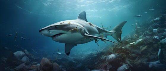 Underwater photo of a shark near a trash-laden seabed, highlighting the intrusion of waste,