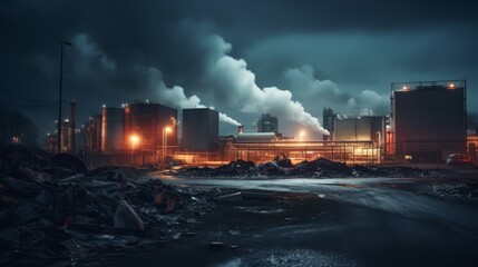 Long exposure shot of a factory at night, focusing on the waste management section,