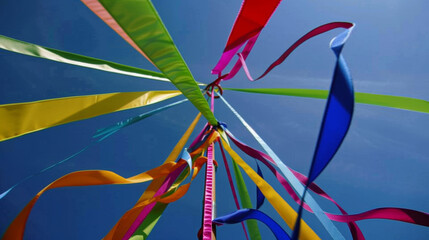 Colorful ribbons on maypole against blue sky