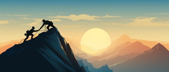Teamwork concept illustrated by two silhouetted figures, one helping the other climb a steep mountain slope, under a clear blue sky,