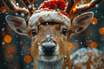 Cute deer with a Santa hat, a closeup portrait of an adorable animal in a snowy winter forest. Created with Ai