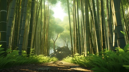 Fototapeta premium Tranquil bamboo grove with tall stalks swaying, gentle rustling sounds, and soft light,
