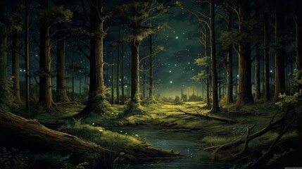 Quiet forest clearing at night, stars visible through tree tops, and night sounds,