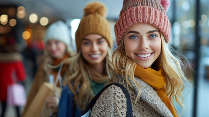 Happy group of friends shopping in autumn season.