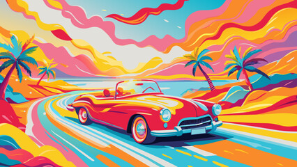 Vibrant Retro Convertible Car Cruising Tropical Beach Road at Sunset