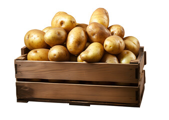 Fresh harvested potatoes in brown wooden box freshly collected isolated on cut out PNG or transparent background. Packing for sale. Realistic fruit, vegetable clipart template pattern.