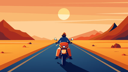 Serene Sunset Ride: Motorcyclist on a Scenic Desert Highway