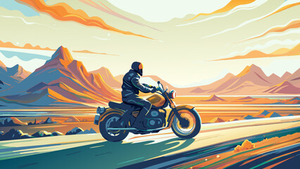 Majestic Sunset Ride: Motorcyclist on Scenic Mountain Road