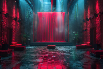 Red and blue lighting illuminated the temple of the dead room. Huge stone pillars lined both sides with a high ceiling above. Created with Ai