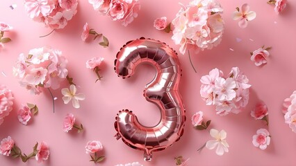 Rose Gold Number Foil Balloon Surrounded by Floating Flowers. Concept Elegant Decor, Celebratory Setup, Romantic Aesthetic, Floral Arrangements, Premium Balloon Display