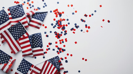Obraz premium American flags and red blue confetti on white background