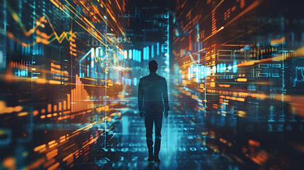 Businessman analyzing a graph of future market trends. futuristic city skyline with holographic projections of financial data and trade patterns, showcasing the integration of technology in finance.
