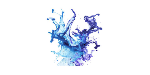 A blue and white water splash, with ink color flowing on the surface of the liquid. The colors blend together to create an abstract shape that resembles a dragon or phoenix. It is set against a pure w