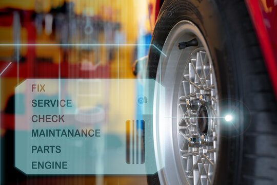 Car mechanic inspects car using technology and computer show resault at virtual screen.