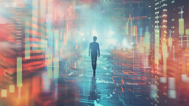 businessman analyzing a graph of future market trends while holding a globe, showcasing the global perspective in financial decision.