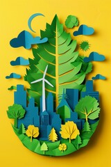 Green leaves paper cut out art style with silhouettes of city buildings and windmills. Green energy theme. Generative AI