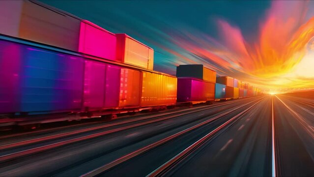 Highspeed freight train with vibrant intermodal containers, emphasizing swift delivery