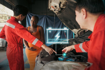 Car mechanic inspects car using technology and computer show resault at virtual screen.