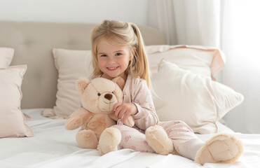 A happy little girl wearing pajamas sitting on the bed in her bedroom holding and cuddling with plush toy bear, pink pastel colors