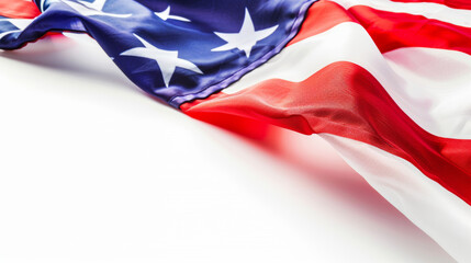 American flag closeup with stars and stripes on white background