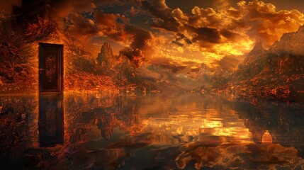 Surreal vision of hell with a reflective lake in the forefront, fire engulfing the land, and a solitary door standing amidst the chaos