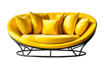 Office leather chair or sofa small yellow with pillow placed isolated on cut out PNG or transparent background. Modern interior decoration meeting. Decorated place in living room or drawing room.