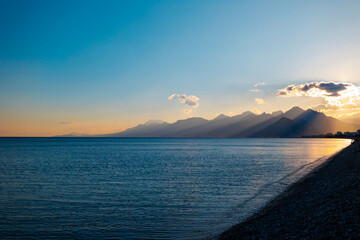 Panoramic view of the Mediterranean coast, beautiful mountains at sunset.  Antalya. Turkey.