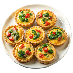 A plate on mini quiches isolated on transparent background.
