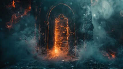 Terrifying door leading into the depths of hell, surrounded by dark smoke and mist, cobwebs clinging, and flames flickering menacingly