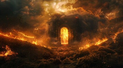 Fototapeta premium Terrifying night scene in an open field, featuring a glowing door in a dungeon, surrounded by hellfire, dense smoke, and a shrouded ring gate