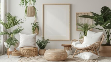 A 3D mockup frame in a modern ScandiBoho setting acts as a focal point amidst soft colors and minimalist decor, 3D render sharpen