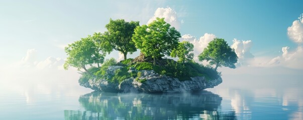 A 3D render of a floating forest island, vibrant and lush atop a tranquil sea, Sharpen Landscape background