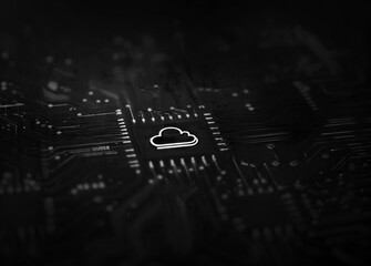 Futuristic cloud computing concept on circuit board, symbolizing advanced data storage technology