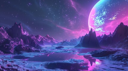 Naklejka premium A 3D render of a futuristic fantasy landscape where neon abstract space backgrounds merge with vivid synthwave colors, Sharpen Landscape background