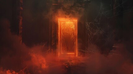 The Door to Hell opens amidst darkness, revealing anguished souls surrounded by smoke and cobwebs, with sinister flames casting eerie shadows