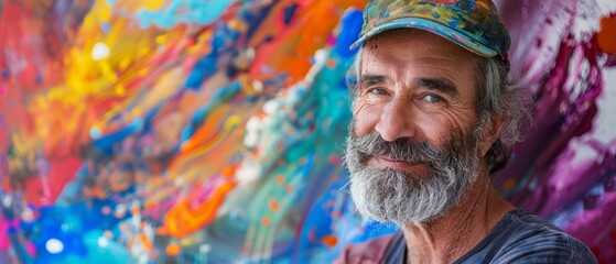 Obraz premium A charismatic closeup portrait of an energetic entrepreneur, his aspirations as vivid as the spirited, unusual background behind him, half body colorful