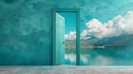 Vibrant teal door opening to a tranquil scene with fluffy clouds and a reflective lake, encapsulating the playful yet peaceful nature of teal