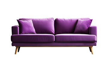 Modern empty purple leather sofa with pillow placed on top isolated on cut out PNG or transparent background. Decoration place in living room or drawing room. Modern interior by furniture decor.