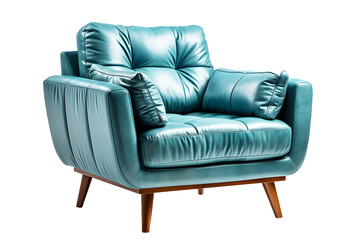 Office leather chair, sofa small light blue with pillow placed on top isolated on cut out PNG or transparent background. Decorated in living room or drawing room meeting. Modern interior decoration.