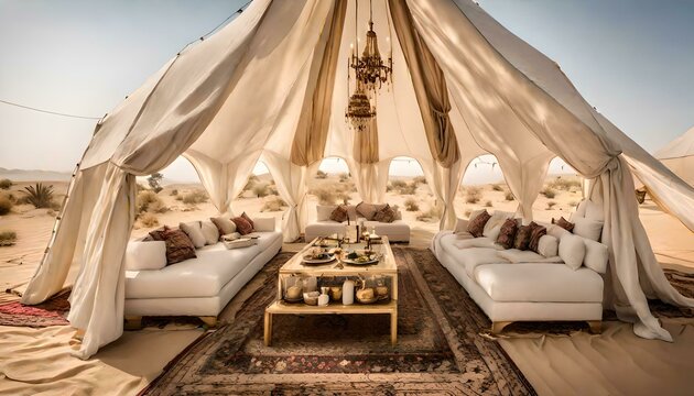 A beautiful tent with a banquet in an oasis in the middle of the desert.