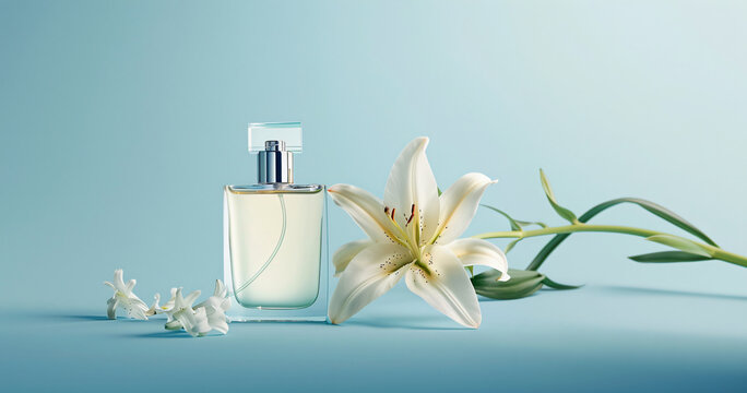 Clear perfume bottle beside a blooming white lily against a blue background