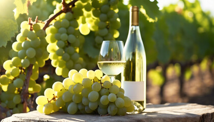 Fototapeta premium green grapes, white wine and one bottle of white wine vineyards in the background 