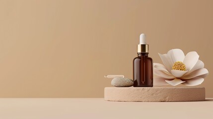 facial serum bottle in yellow color, placed on a white round podium in front of a beige background.