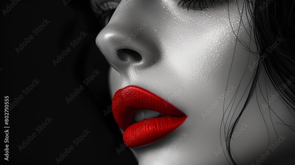 Wall mural Closeup black and white photo - red color splash - lipstick - attractive female - dramatic - vintage feel - retro style  - Wall murals