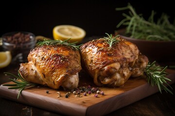 a wooden board with a plate of food that says chicken breast and lemon.