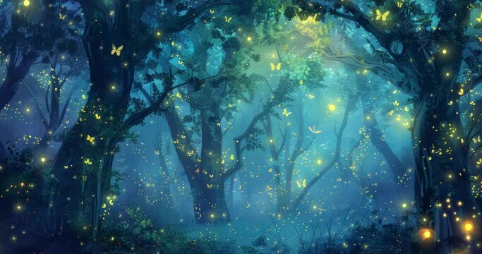 international day of forest concept. trees with fireflies animation. AI generated